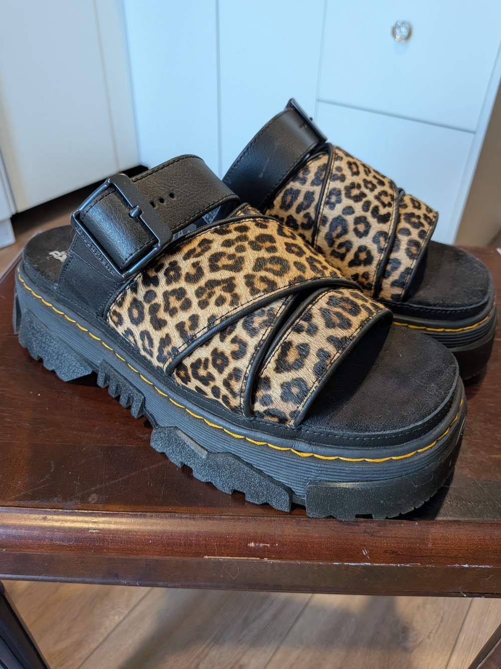 Dr Martens Leopard Print Platform Slide Sandals - Black & Brown